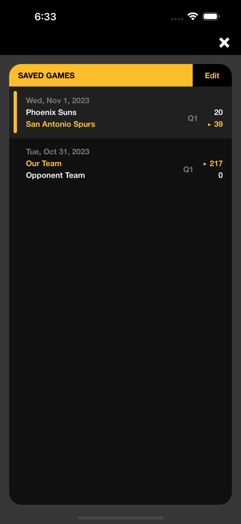 A list of saved basketball games in the InfiniteHoops Stats app showing team names and final scores.