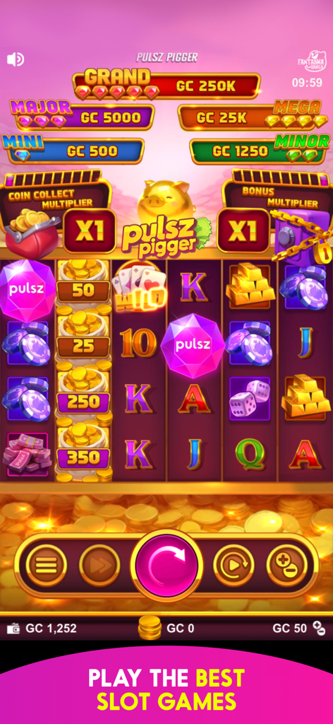 Pulsz: Online Casino Games - A screenshot of the Pulsz Pigger slot machine game featuring jackpots and colorful reel symbols.