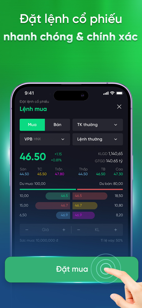 VPBank Securities – NEO Invest - Interfaz de orden de compra de la aplicación VPBank Securities NEO Invest con datos de precios de acciones y un botón para realizar pedido.