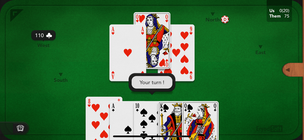 Coinche / Belote Contrée - Pantalla de juego del juego de cartas Coinche mostrando una mano de cartas y una notificación de turno