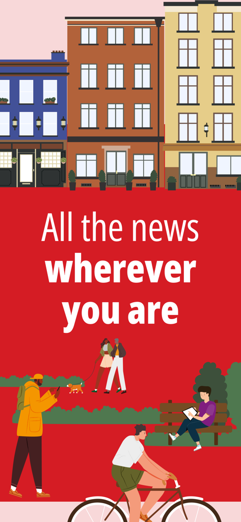 Illustration of city life and park activities with the slogan All the news wherever you are