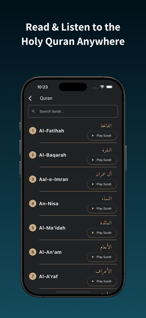 Muslim Times Pro: Prayer,Quran - Tela do aplicativo Muslim Times Pro mostrando uma lista de Suratas do Alcorão com botões de reprodução para recitação de áudio