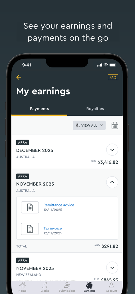 Mobile screen showing monthly earnings and payment details for music creators in the APRA AMCOS app.