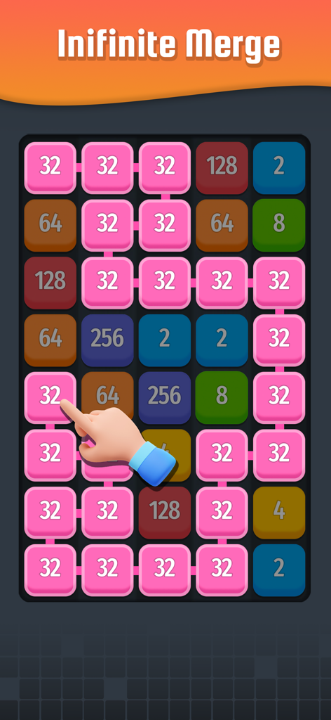 Number Connect - Link 2048 - Number Connectのゲームプレイ画面。グリッド上のピンクの数字タイルを接続している手を表示