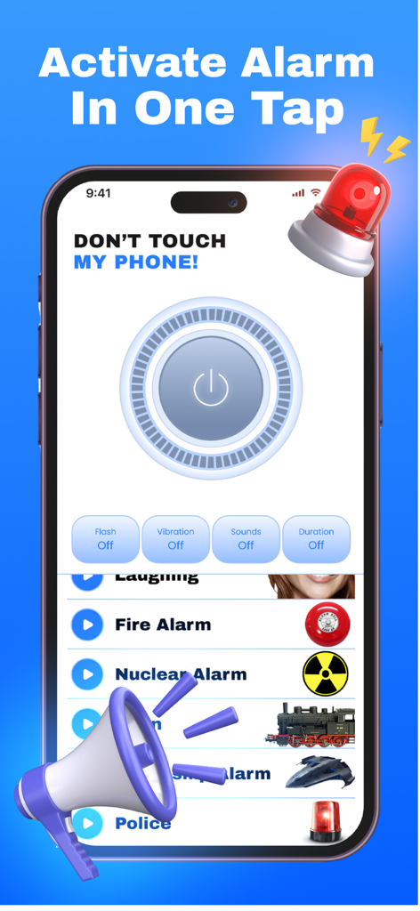 Don't Touch My Phone Guard - Interface d'application de sécurité mobile avec un grand bouton d'activation et diverses options de son d'alarme