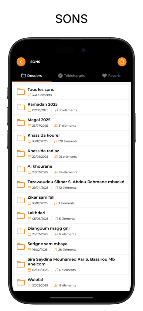Mobile screen showing a list of religious audio folders for Khassidas and Quran recitations in the Kaggu PDF app