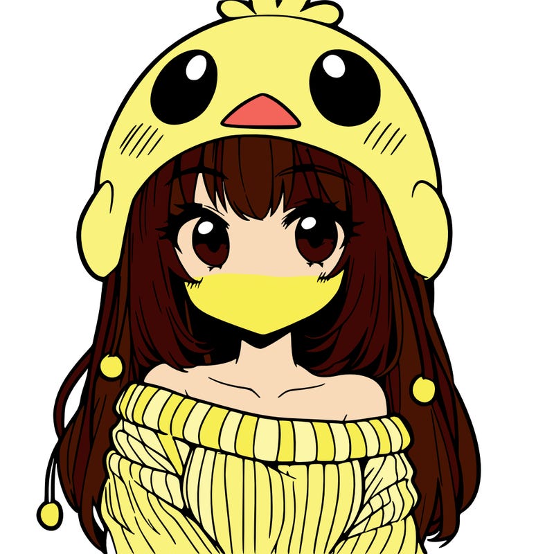 anime girl with chick shaped hat with sweater with bare shoulders with bangs covering them one eye with low tail