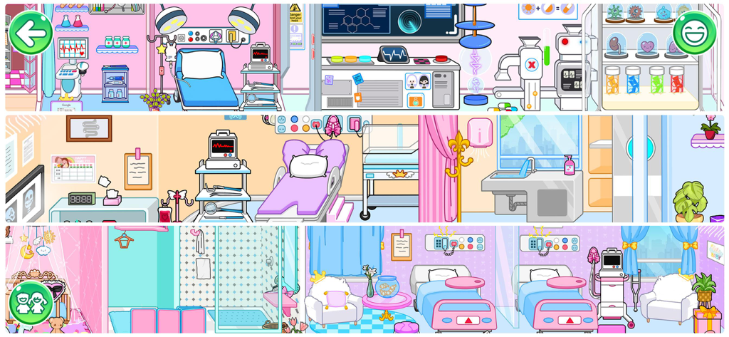 Eine Sammlung bunter Comic-Krankenzimmer, darunter ein Labor und eine Entbindungsstation von Princess Town Hospital Games