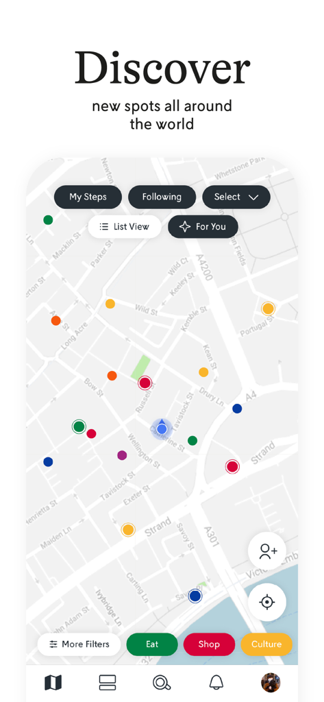 Step: Your World - Stepアプリのマップインターフェース。レストラン、ショップ、カルチャースポットの厳選されたピンが表示されている。