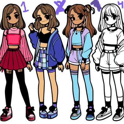 one girl with crop-top shirt and a jacket with a skirt, long socks and another girl with a shirt and pants with a jacket