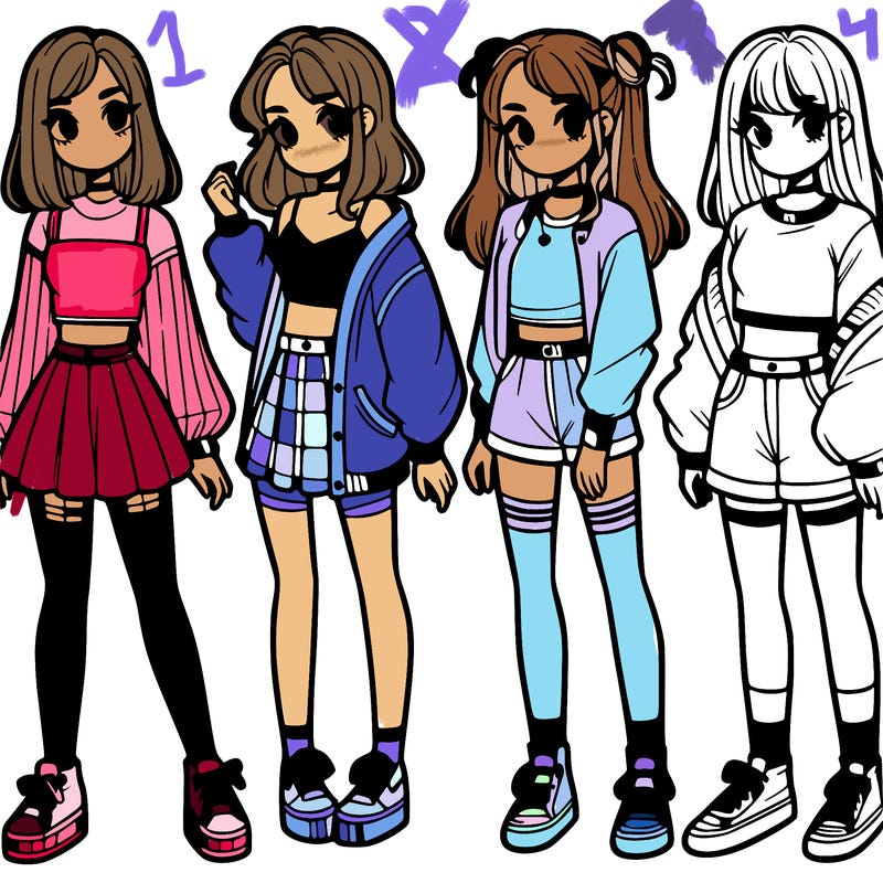 one girl with crop-top shirt and a jacket with a skirt, long socks and another girl with a shirt and pants with a jacket