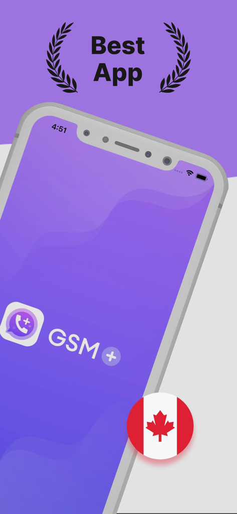 GSM+ Second Phone Number - Pantalla promocional de GSM plus que muestra una opción de segundo número de teléfono para Canadá