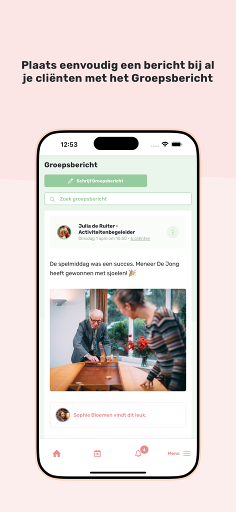 Familynet - A smartphone screen displaying the Familynet app with a group message update about a senior playing shuffleboard.
