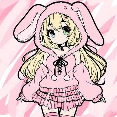 pretty anime girl wearing a fluffy hoodie with bunny ears on the hood and a skirt