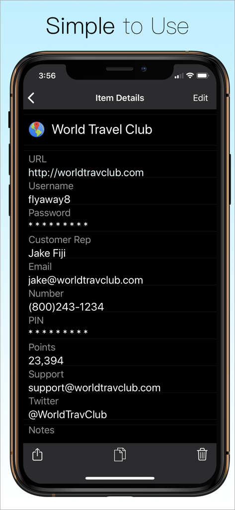 Password Manager Data Vault - Smartphone screen showing DataVault Password Manager app with detailed login and account information for World Travel Club