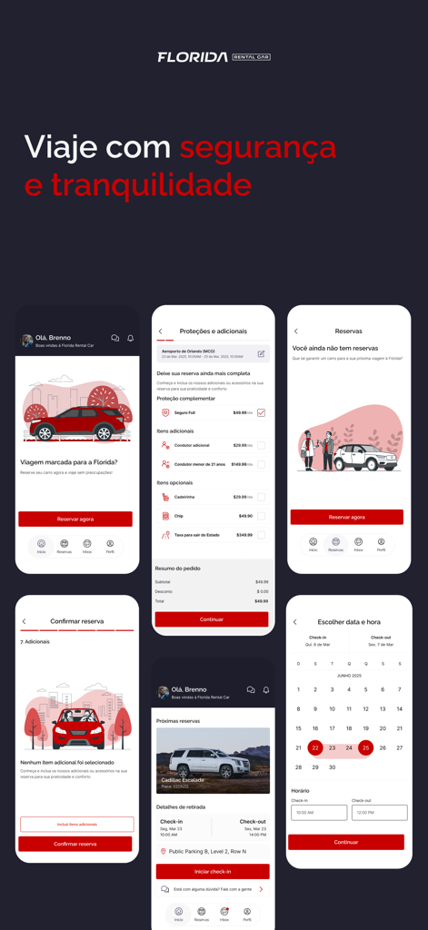 Várias telas móveis do aplicativo Florida Rental Car mostrando gerenciamento de reservas, opções de seguro e detalhes de reserva em português