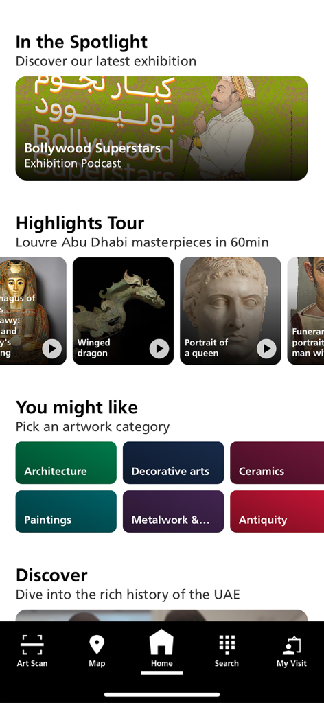 Startbildschirm der mobilen App des Louvre Abu Dhabi mit Highlights-Tour und Ausstellungs-Podcasts.