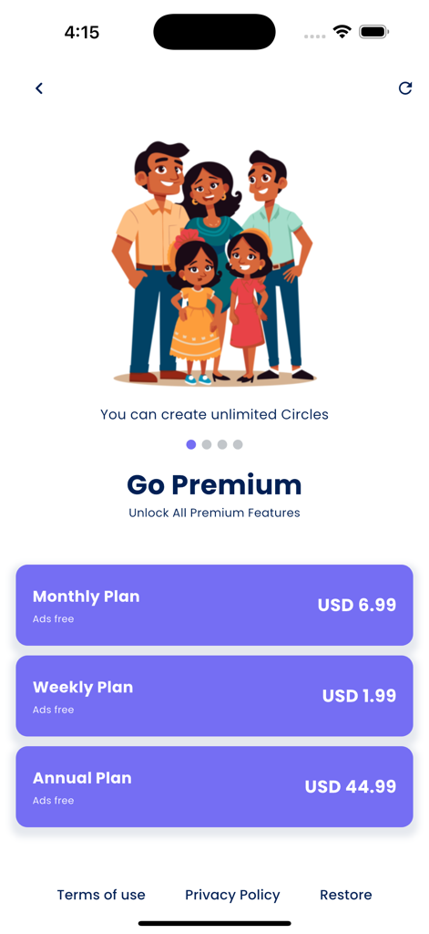 Family Circle - Family Circle app premium subscription screen showing monthly and annual pricing options