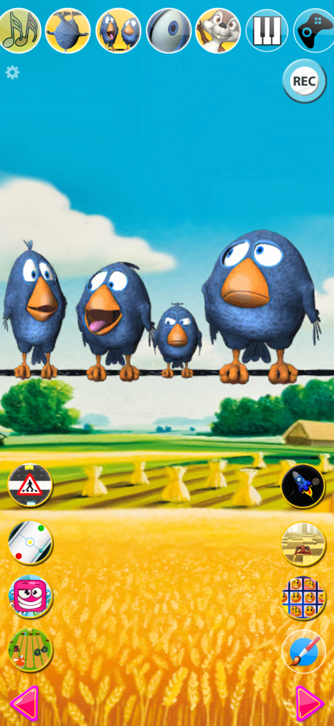 Talking Birds On A Wire - Four blue birds sitting on a wire with various mini-game icons on a field background.