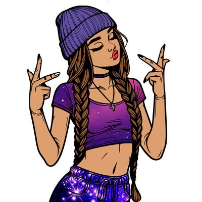 realistic teenage girl with braids and a beanie and crop top doing 🫶🏼