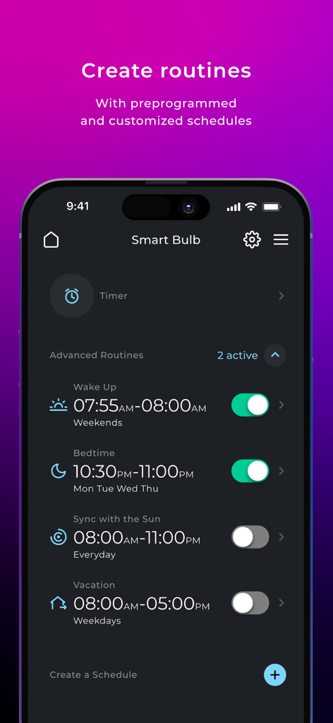 Globe Suite app interface showing customizable smart bulb schedules and daily routines.