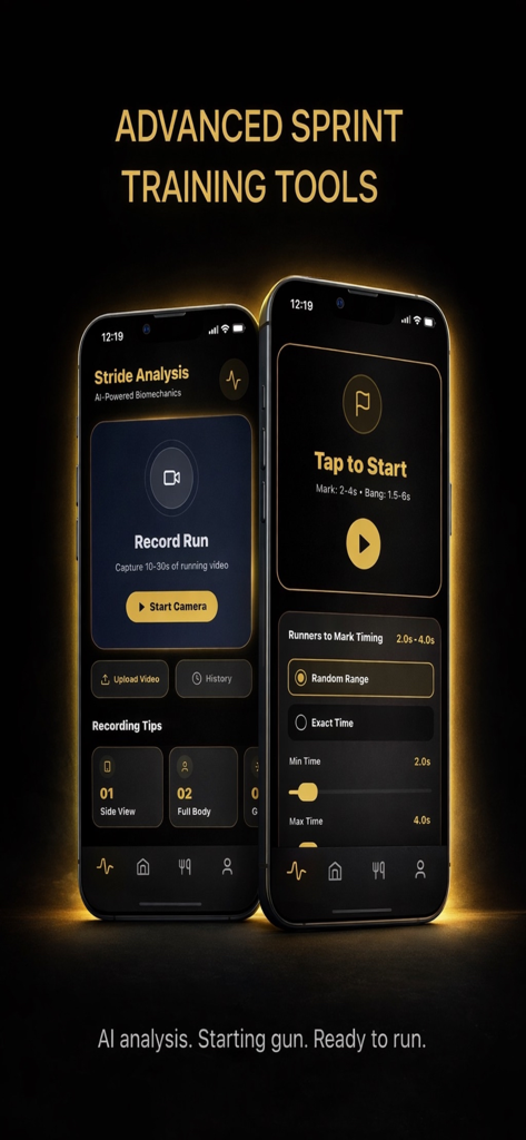 3AK 앱 인터페이스는 두 개의 모바일 장치에서 고급 스프린트 훈련 도구와 AI 기반 보폭 분석을 보여줍니다.