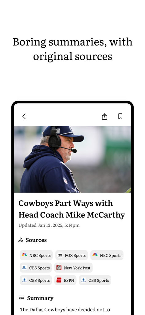 Boring Report: Unbiased News - A news article summary on the Boring Report app displaying multiple original source links for transparency.