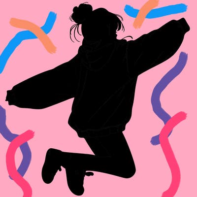 realistic girl jumping with a bun and oversized sweatshirt