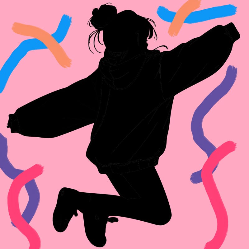 realistic girl jumping with a bun and oversized sweatshirt