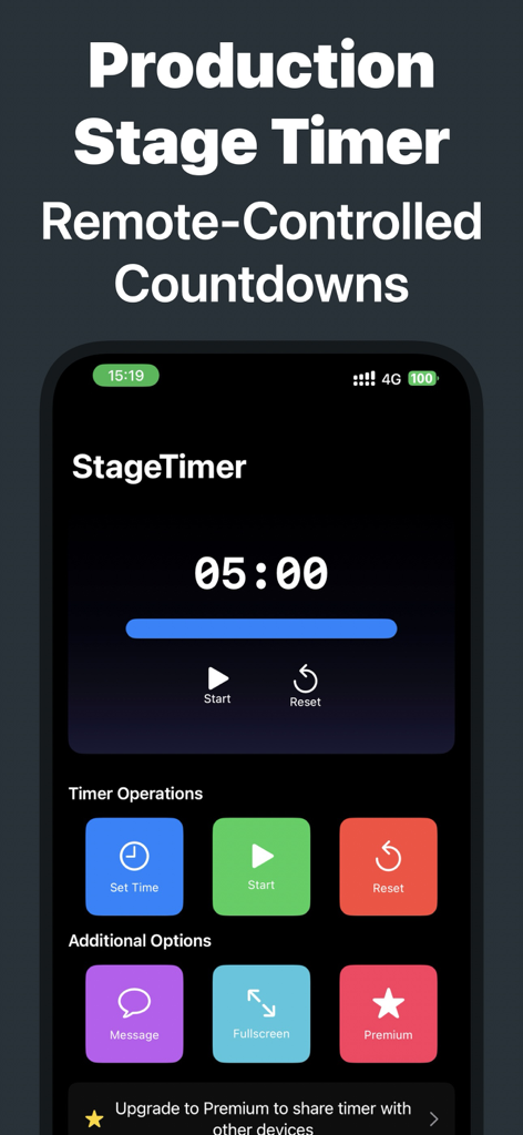 Stage Timer - Stage Timer App-Oberfläche mit ferngesteuerten Countdowns und professionellen Produktions-Timer-Steuerungen