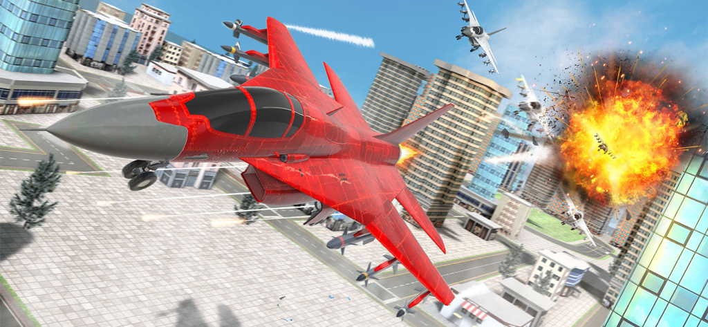 A red fighter jet flying through a city landscape during an aerial battle with explosions and other aircraft.