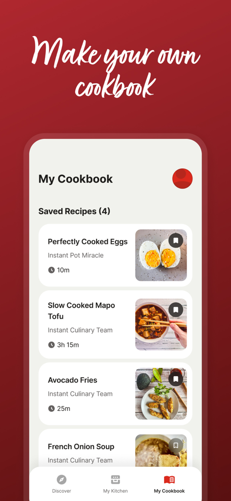 Der Bildschirm Mein Kochbuch in der Instant Connect App zeigt eine Liste gespeicherter Rezepte mit Bildern und Kochzeiten.