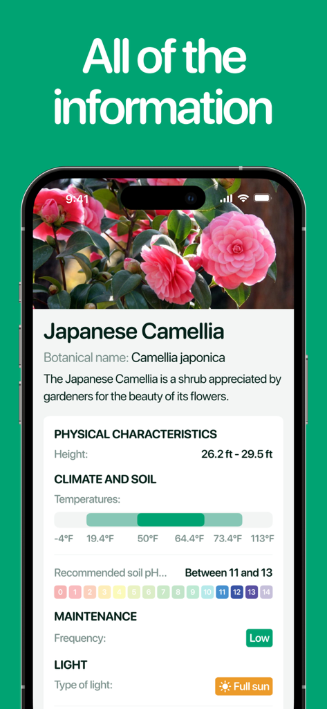 Planto: Plant Identifier - Mobile screen displaying detailed care instructions and physical characteristics for a Japanese Camellia plant