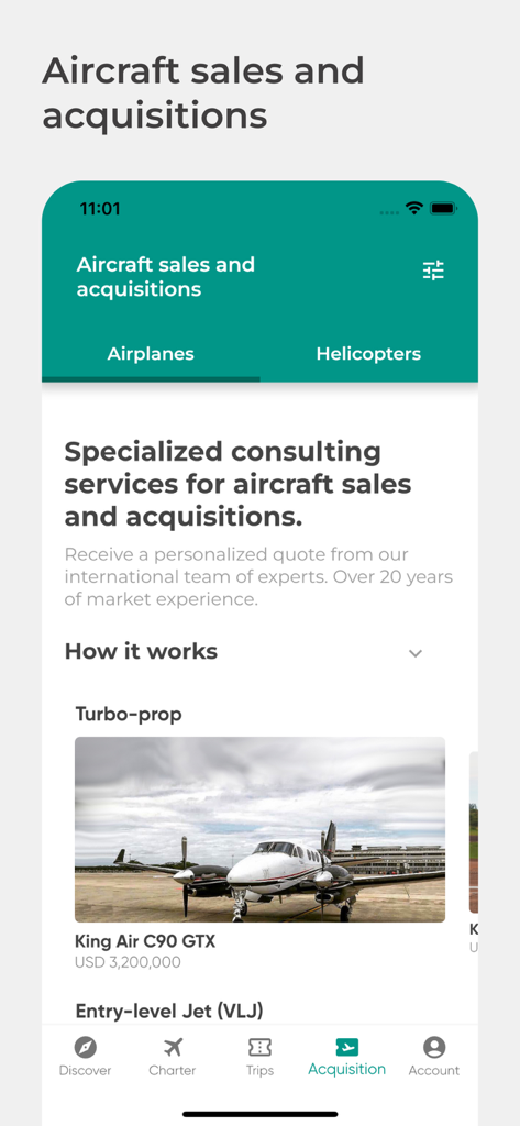 Flapper: Private Jet On-Demand - Flapper app screen for aircraft sales and acquisitions listing a private turbo prop aircraft.