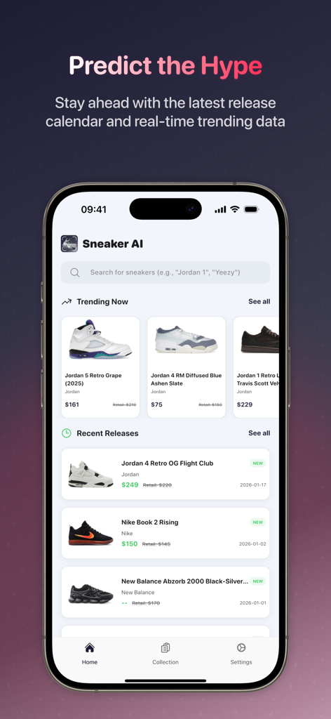スニーカーAIアプリのダッシュボード。トレンドのスニーカーと、市場評価付きの最近のリリースカレンダーを表示。