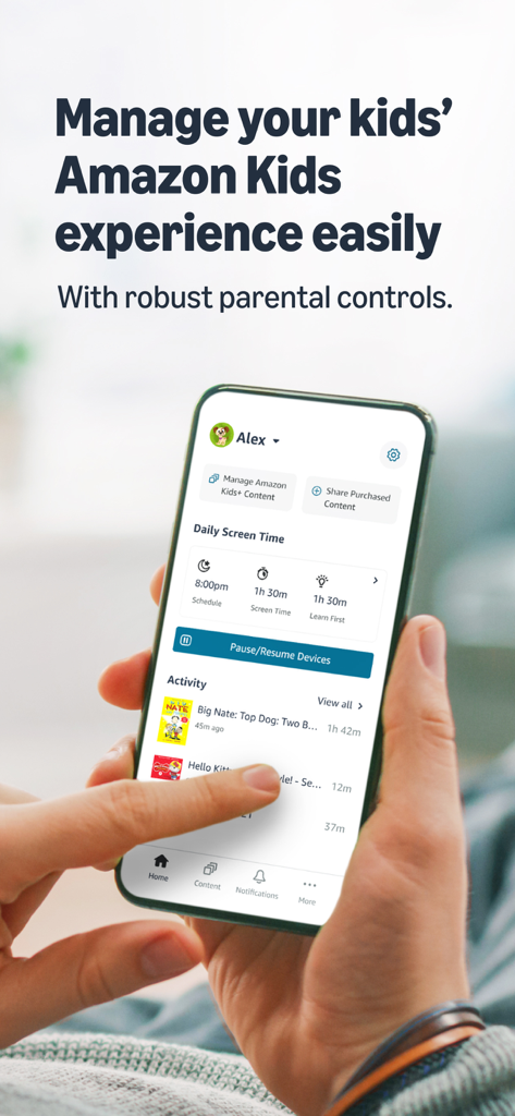Amazon Kids Parent Dashboard app showing parental controls for screen time and child activity