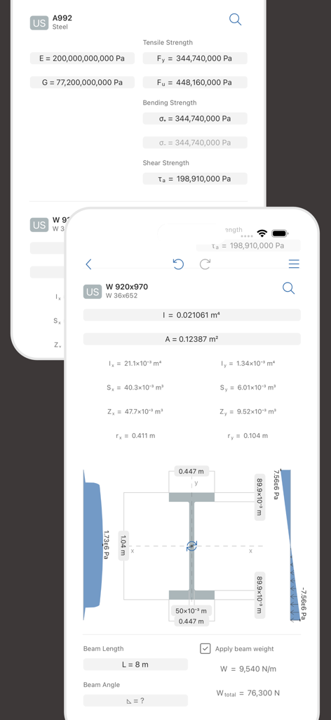 Structural steel beam analysis interface in Deflection Pro showing material properties and cross section dimensions
