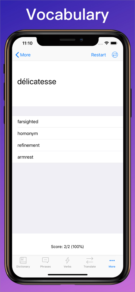 A vocabulary quiz in the French Translator Dictionary plus app showing a multiple choice question for the French word delicatesse