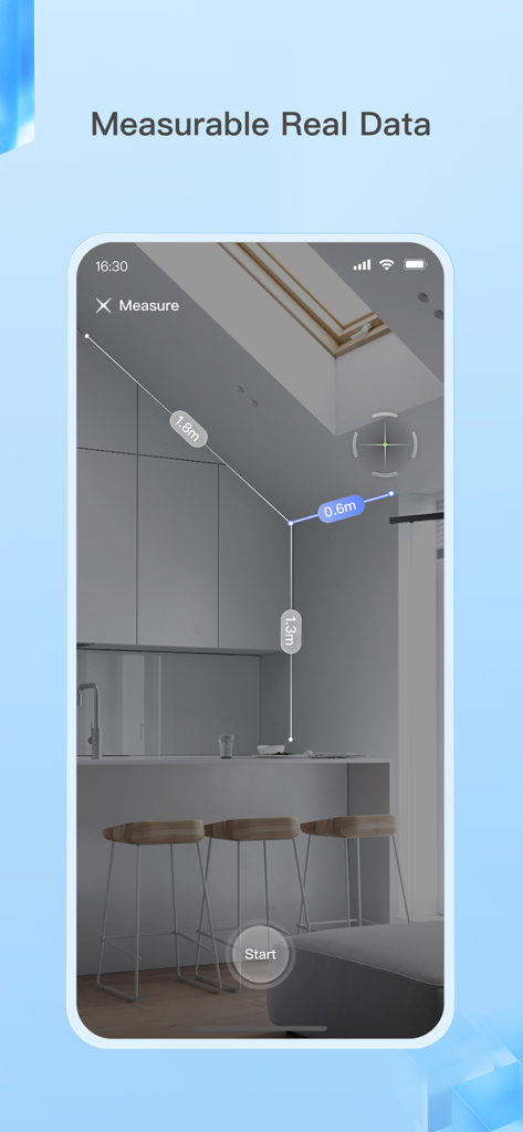 Realsee 3D virtual tour - Una interfaz de smartphone que muestra la aplicación Realsee midiendo las dimensiones del interior de una cocina en un tour virtual 3D