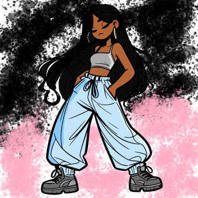 girl in baggy pants crop top and long hair