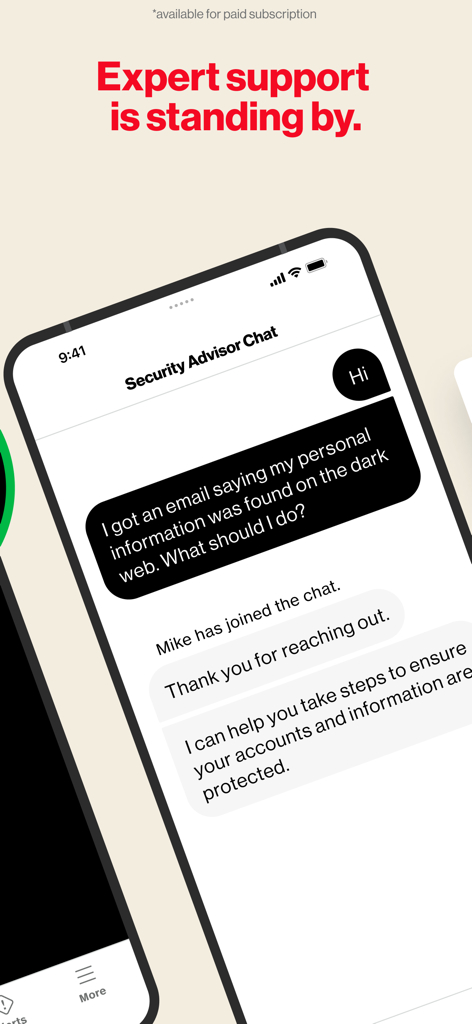 Verizon Protect app showing 24/7 Security Advisor Chat with an expert helping a user with a dark web security alert.