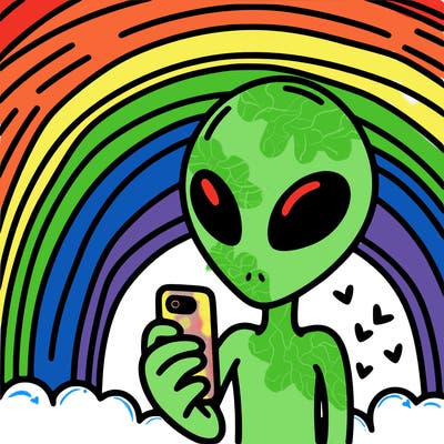 alien with a phone with rainbows in the background