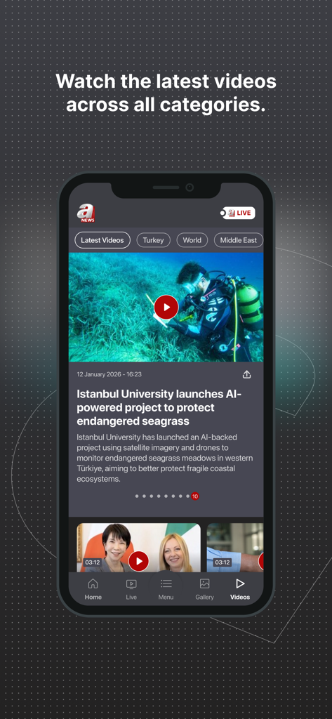 Mobile app interface of A News showing the latest video reports and news categories.