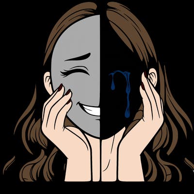woman masking depression with a smile realistic crying