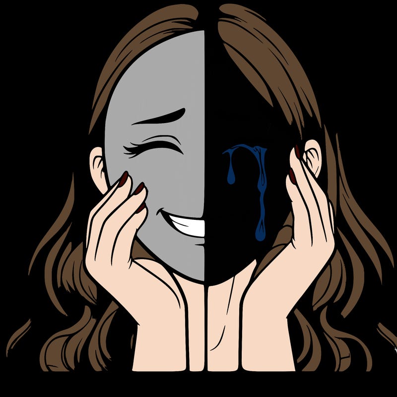 woman masking depression with a smile realistic crying