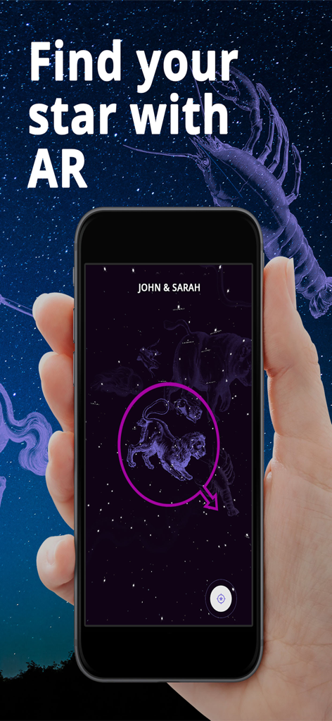 A hand holding a smartphone showing the OSR Star Finder app locating a named star using augmented reality.