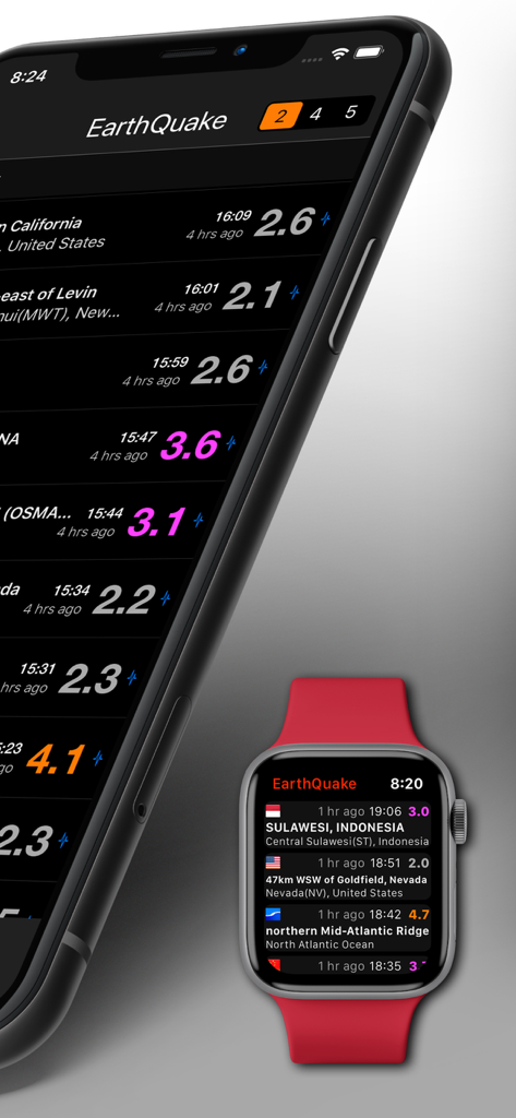 EarthQuake app interface showing real time seismic alerts on iPhone and Apple Watch