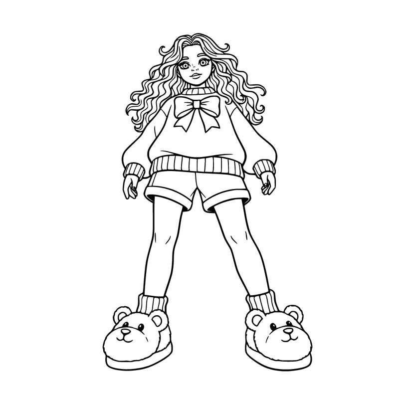 a girl with a sweater and a bow on it, she has bear slippers, curly hair that reaches her chest, and shorts.