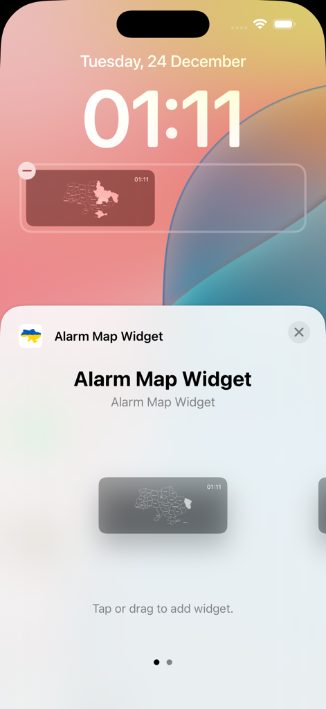 iPhone lock screen interface for adding a widget showing a real-time air raid map of Ukraine