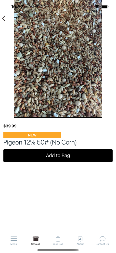 TGT Feed & Farm - Product page for 50 pound corn-free pigeon feed in the TGT Feed and Farm mobile app